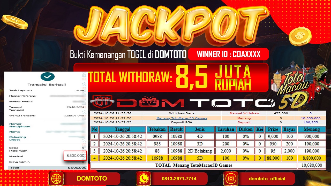 JACKPOT TOGEL TOTO MACAU 5D 26 OKTOBER 2024